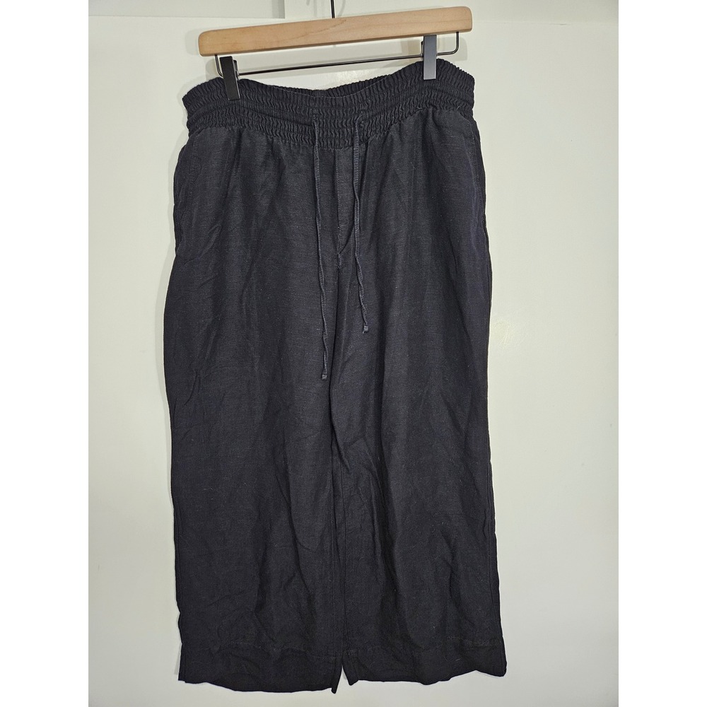 Lane‎ Bryant Black Linen Blend Wide Leg Cropped Pants Smocked Waist 14/16